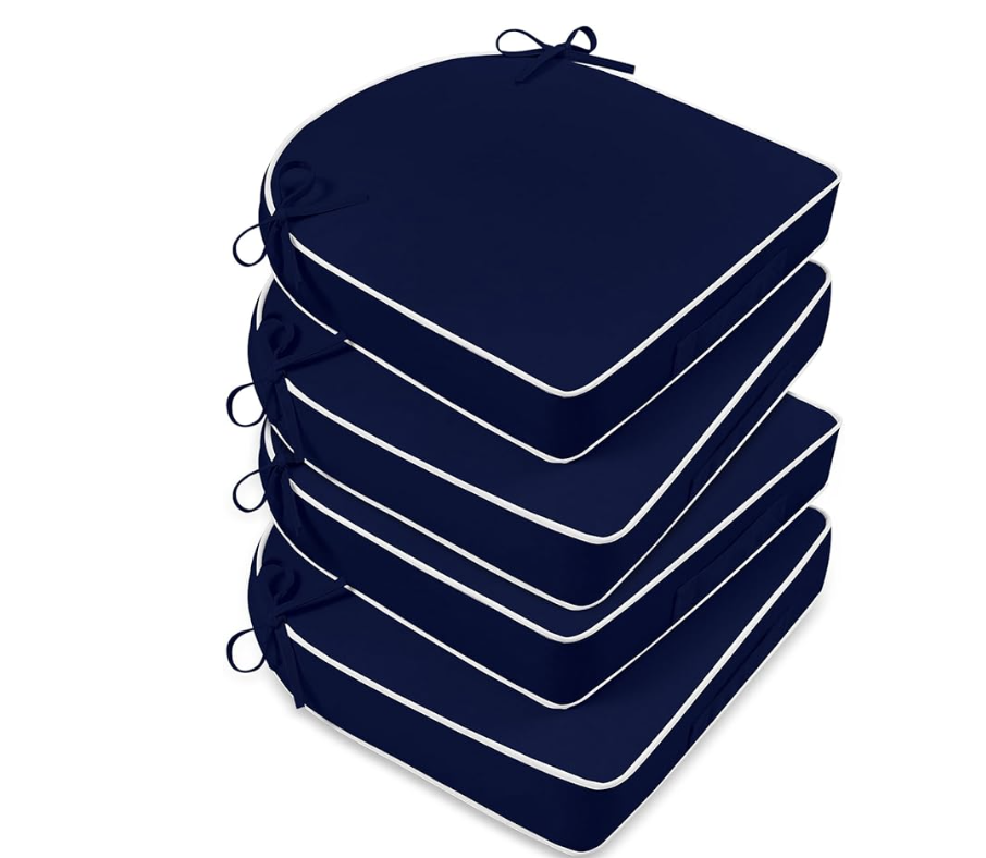 Blue and white piped amazon cushions for patio furniture